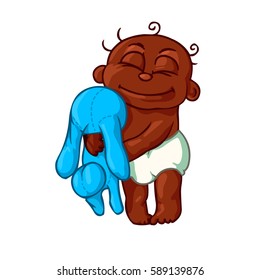 very cute newborn baby African American child hugging toy bunny