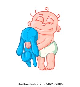 very cute newborn baby hugging toy bunny