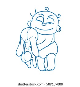 very cute newborn baby hugging toy bunny