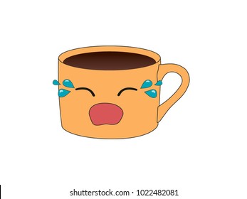 very cute orange coffee cup is crying, cartoon