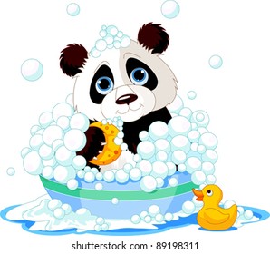 Very cute panda having a soapy bath