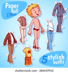 Very cute paper doll with five stylish outfits. Blond boy on a blue background.