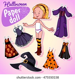 Very cute paper doll with five beautiful dresses at halloween. Blonde girl.