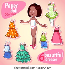 Very cute paper doll with six beautiful dresses. Brunet girl on a pink background.