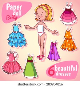 Very cute paper doll with six beautiful dresses. Blonde girl on a pink background.