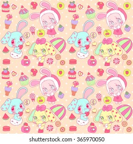 Very cute pattern with bunnies and various sweets. Perfect for Valentine's Day, website design, wrapping paper, greeting cards, children's books and children's clothing.