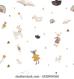 Very cute pattern with magical vintage toys for children. Cartoon illustration, vector.