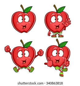 Very cute red apple character set with different poses and emotions isolated on white background