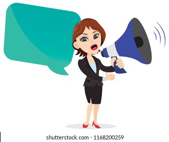 Very cute sales girl business representative holding a large megaphone loudspeaker announcing speaking loudly some good news empty blank speech bubble