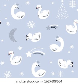 Very cute seamless pattern for baby or kids with little white swans with princess crown,Christmas tree,stars, comets and snowflakes. Winter theme digital paper for nursery in scandinavian Nordic style