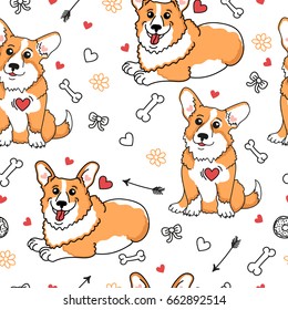 Very cute seamless pattern with corgi and funny  element. Funny dog background. 