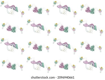 Very cute seamless pattern of nice cartoon fairies that dress up fairytale bumps and mushrooms with colorful glowing lights on white background. Pastel shades of pink, lilac, light green