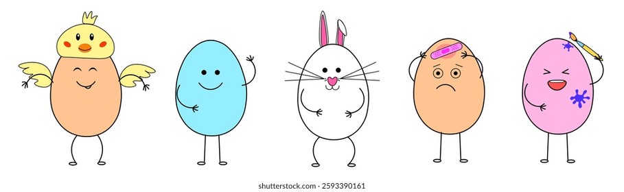 Very cute set of Easter characters. Collection consists of five elements isolated on  white background.  Smiling faces, Easter costumes, egg coloring. Delicate colors.