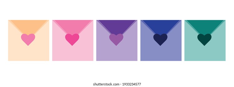 Very cute set of multi-colored envelopes with hearts. Includes orange, pink, lilac, green and blue envelopes. Can be used for love messages, as a postcard, wrapping paper, wallpaper. Vector design