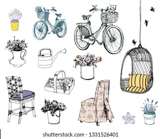 A very cute set of vintage stuff. Black and white drawing. Patterns and elements.