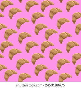 Very cute simple vector pattern with delicious croissants on a pink background
