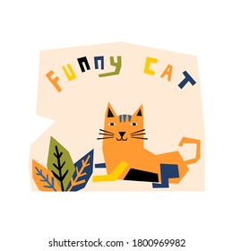 Very cute sitting cat full of contrasting colors looks very happy.