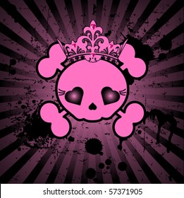Very cute Skull with crown on grange radial background with place for copy/text