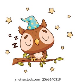 A very cute and sleepy little owl wearing a delightful party hat is perched on a branch surrounded by bright stars