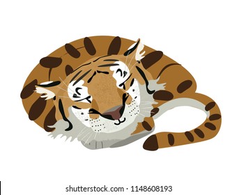 Very cute tiger over sleeping.Smiling expression, happy. Touching animals. Vector cartoon illustration for you.