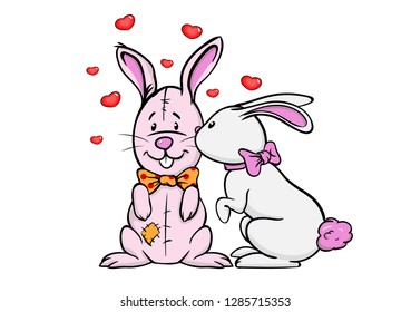 very cute toy rabbit girl kissing toy rabbit boy on the cheek, Valentine's day card, vector illustration