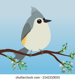 

Un pajarito muy tierno en forma de huevo. Fondo de degradado azul. El pájaro se sienta en una rama con flores y hojas.
