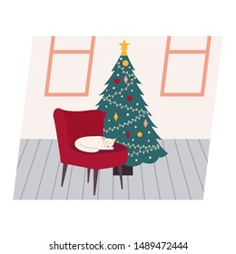 Very cute white cat sleeping in the chair. Behind him a decorated Christmas tree. Flat cartoon vector illustration.