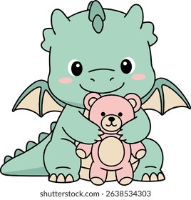 A very cute winged baby dragon holding his teddy bear