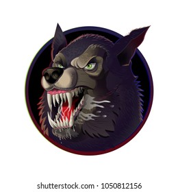 Very dangerous angry icon face wild wolf dog which aggressive show big sharp teeth. Fantastic animal. Modern vector style cartoon character mascot game design illustration photo realistic.