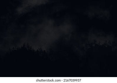 Very dark black mountain forest at night. Halloween spooky horror woods with no lights and stormy sky above. Vector silhouette illustration with no moon and stars on the sky.
