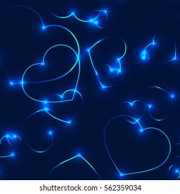 Very dark seamless pattern with cool neon blue laser shining hearts on black background - romantic valentine love theme