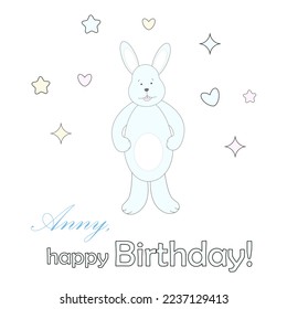 A very delicate birthday card with a blue rabbit, a bunny on a white background. Vector illustration