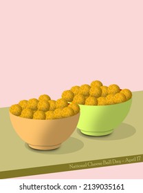 Very delicious cheese ball snack filled in both yellow and white bowls on brown table, National Cheese Ball Day April 17