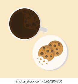 Very delicious Chocolate chips cookies with hot coffee in a mug, flat food design vector. Bitten cookie.