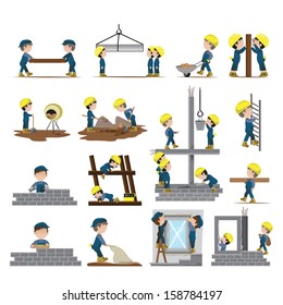 Very Detailed Drawn Builder Workers Set - Isolated On White Background - Vector Illustration, Graphic Design. Different Types Of Work, Workers Are Equipped With Blue Uniforms, Hats And Helmets