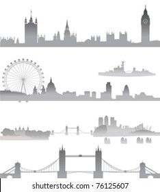 Esquina muy detallada de Londres con Big Ben, Westminster, London Eye, Tower Bridge, Tower London, city, St. Paul Cathedral, Thames Barrier y O2