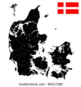 Very detailed  map of Denmark with islands, rivers and lakes. Isolated objects over white background.