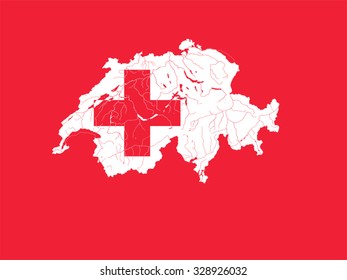 Very detailed outline map of Switzerland in colors of the Swiss flag. Colors of flag are proper. Rivers and lakes are shown.