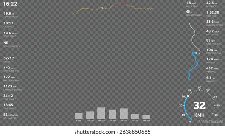 Very detailed vector bicycle telemetry overlay template on transparent background. Includes speed, altitude, GPS data, sand HUD elements. For action camera on bike, sport videos photo overlays.