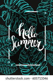 Very detailed vector "Hello summer" hand written phrase isolated on tropical leaves composition frame for your design 