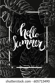 Very detailed vector "Hello summer" hand written phrase isolated on tropical leaves composition frame for your design 
