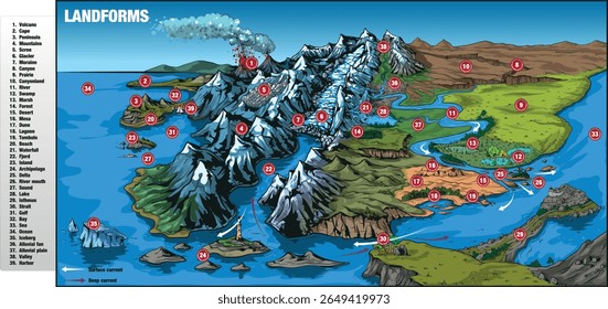 A very detailed vector illustration showing various landforms and waterforms of the Earth with labeled geographic features.