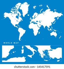 Very Detailed Vector World Map in white on blue background.