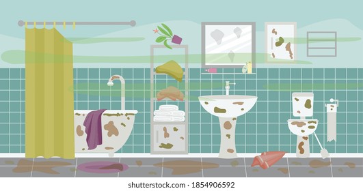 Very dirty and messy bathroom interior with mud stains and things in disorder, flat vector illustration. Bath and toilet or lavatory room before cleaning.