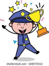 Very Excited after Getting Trophy - Retro Cop Policeman Vector Illustration