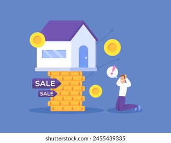 very expensive house prices. House prices are increasing every year. a man was shocked and panicked because property prices continued to rise. illustration concept design. graphic elements