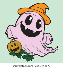 Muito familiar e legal colorido Halloween fantasma desenho de imagem de vetor de desenhos animados é muito adequado para imagens de t-shirt, visite minha conta porque ainda há muitos outros vetores