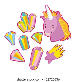 very fashionable stickers. in the style of 80's.crystals, Unicorn, magic, star. quirky cartoon  badges 