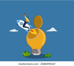 Very fast business development concept, Employee flying on a rocket symbolizing career growth and ambition. Business and career development concept.
