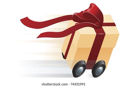 A very fast gift zooming along on wheels. Concept for shipping, fast delivery or gift wrapping.